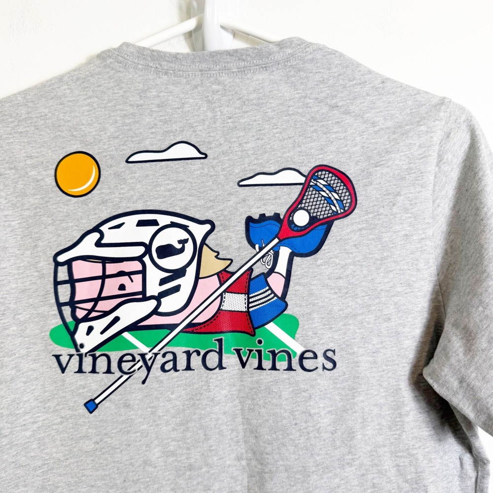 Vineyard Vines Pocket Tee Boys Large 16 Gray Lacrosse Whale Graphic Shirt